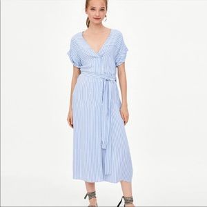 Zara striped blue belted button down midi dress shirt sleeve